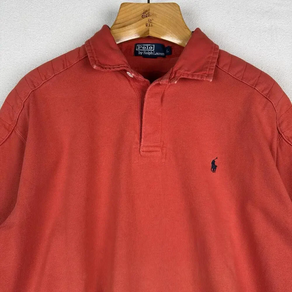 90’s Vtg Polo Ralph Lauren Rugby Shirt Mens L Orange‎ Quilted Elbows *Distressed